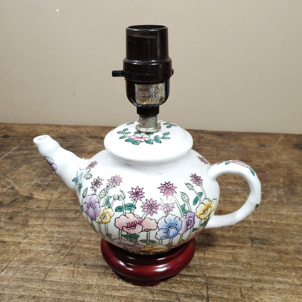 Vintage Floral Teapot Small Decorative Lamp Porcelain No Lamp Shade Tested Works
